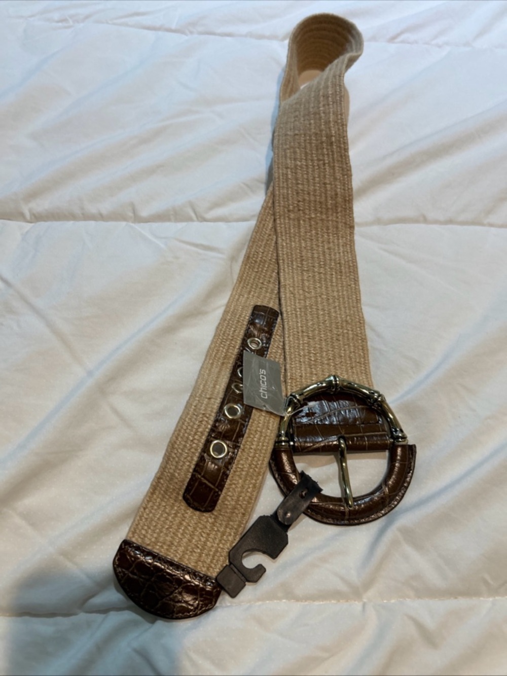 Chico's Belt Womens XL Tan Stretchy w Brown Leather Tabs Gold Bamboo Buckle